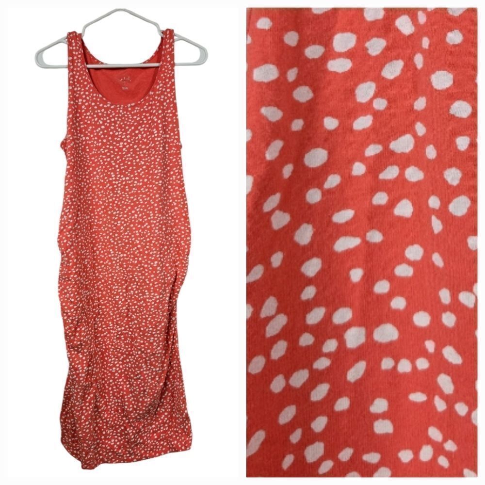Isabel Maternity Orange Polka Dot Ruched Bodycon Midi Dress XL Sleeveless Tank
